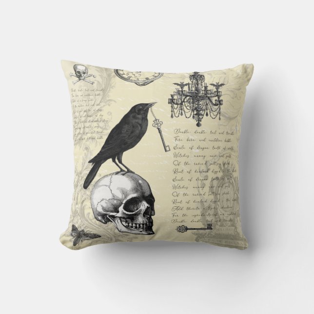 Raven Skull und Chandelier Gothic Halloween Kissen (Vorderseite)