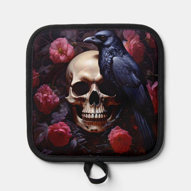 Raven Skull und Rose Topflappen (Vorderseite)