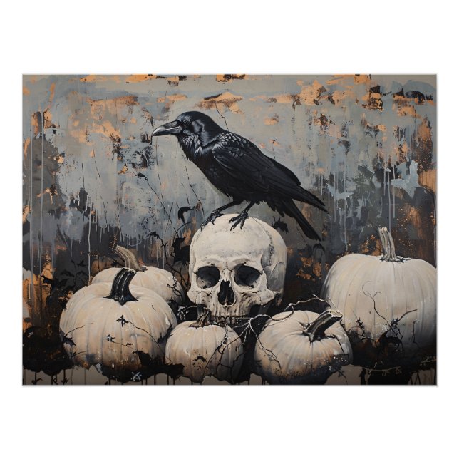 Raven Skull und White Pumpkins Malerei Poster (Vorderseite)