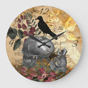 Raven Skulls and Spider Große Wanduhr