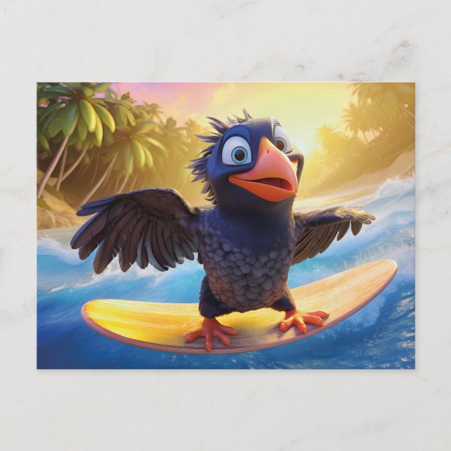 Raven Surfing In Tropical Paradise With Palm Trees Postkarte (Vorderseite)