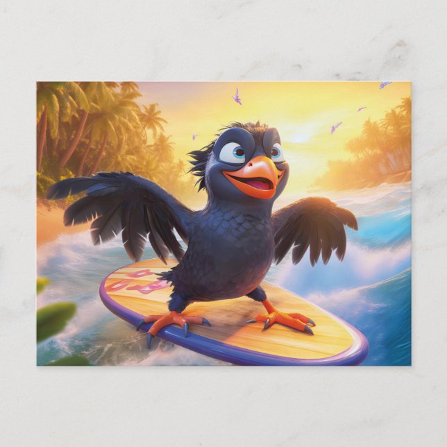 Raven Surfing On Tropical Beach With Wings Spread Postkarte (Vorderseite)