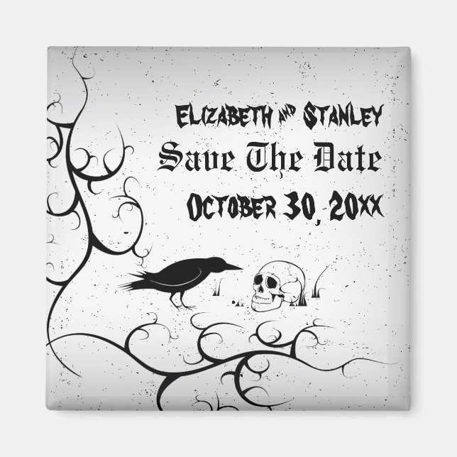 Raven und Schädel Halloween Hochzeit Save the Date Magnet (Vorne)