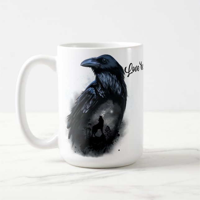 Raven und Wolf, die auf dem Mond heulen Kaffeetasse (Links)