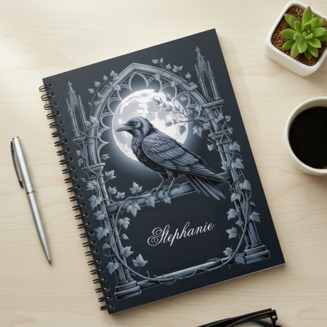 Raven Under Moon Gothic Midnight spiral photo Notizblock (Dark academia personalized photo notebook)
