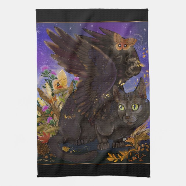 Raven Winged Autumn Magic Cat Geschirrtuch (Vertikal)