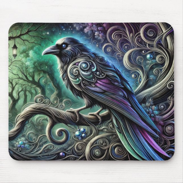 Raven with Iridescent Feathers in verzaubertem Wal Mousepad (Vorne)