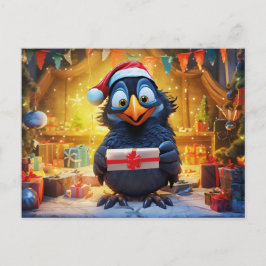 Raven With Santa Hat And Gift In Festive Scene Postkarte