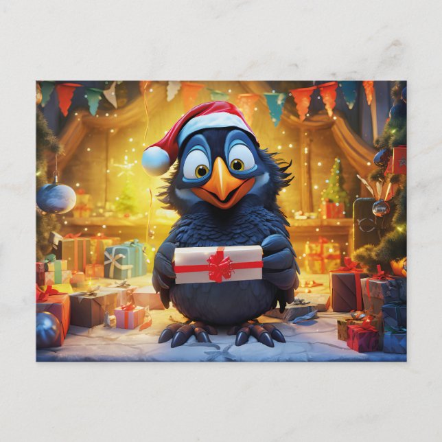Raven With Santa Hat And Gift In Festive Scene Postkarte (Vorderseite)
