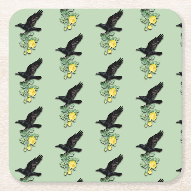 Raven with Yellow Rose Rechteckiger Pappuntersetzer (Vorderseite)