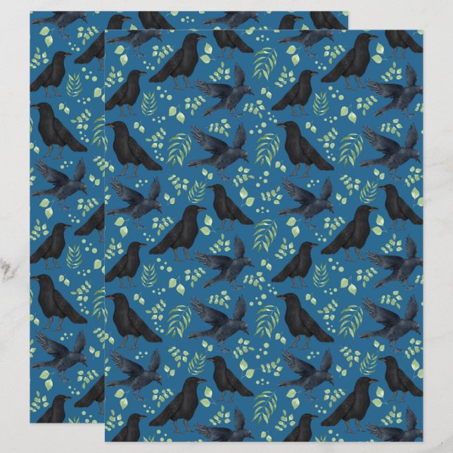 Ravens Goth Halloween Scrapbook Paper in Blue (Vorne/Hinten)