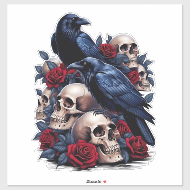 Ravens und Rose: Gotisches Schädeldesign Aufkleber (Blatt)