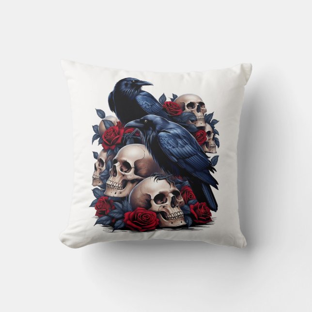 Ravens und Rose: Gotisches Schädeldesign Kissen (Vorderseite)