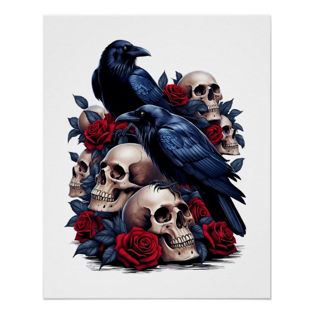 Ravens und Rose: Gotisches Schädeldesign Poster (Vorderseite)