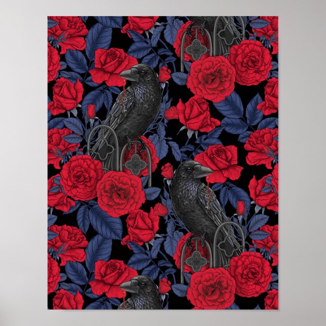 Ravens und Rose mit dunkelblauen Blätter Poster (Vorne)