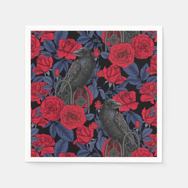 Ravens und Rose mit dunkelblauen Blätter Serviette (Vorderseite)