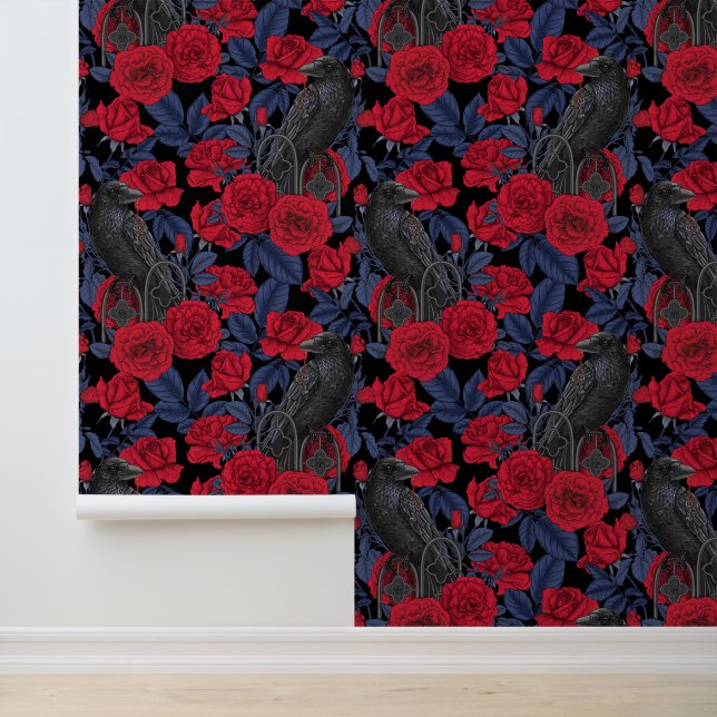 Ravens und Rose mit dunkelblauen Blätter Tapete (Anwendung)