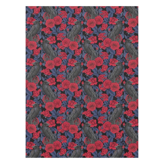 Ravens und Rose mit dunkelblauen Blätter Tischdecke (Vorderseite)
