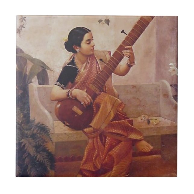 Ravi Varma Malerei-Dame With die sitarThis Fliese (Vorderseite)