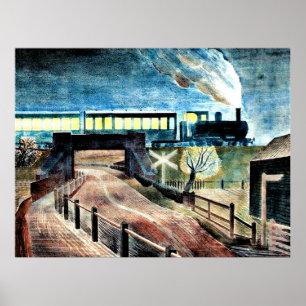 Ravilious Art, Zug über Brücke bei Nacht Poster