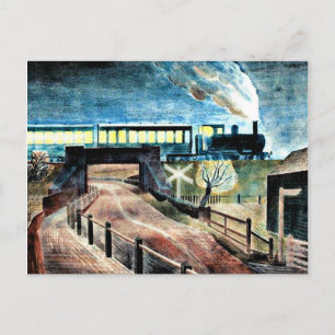 Ravilious Art, Zug über Brücke bei Nacht Postkarte
