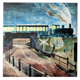 Ravilious, Zug über Brücke in der Nacht Fliese