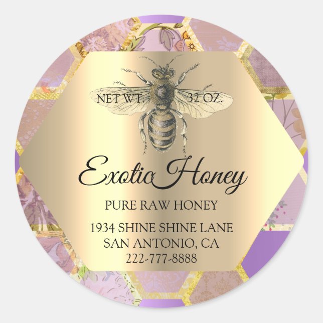 Raw Honey Jar Honeybee Honeycomb Bee Apiary Lila Runder Aufkleber (Vorderseite)