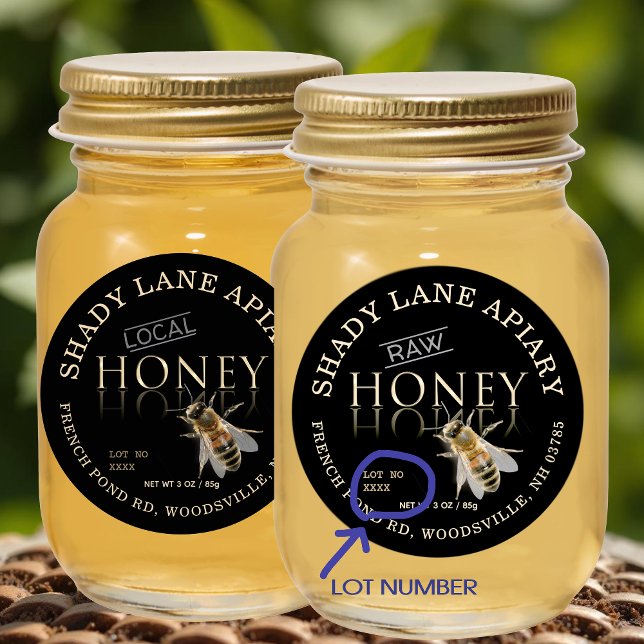 RAW Honey Label mit Lot No und Bee Gold Black Runder Aufkleber (Von Creator hochgeladen)