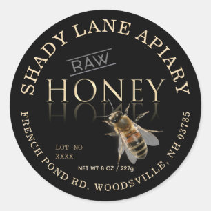 RAW Honey Label mit Lot No und Bee Gold Black Runder Aufkleber
