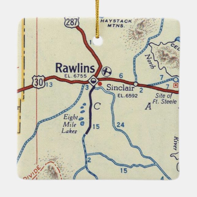 Rawlins WY Vintag Map Keramikornament (Rückseite)