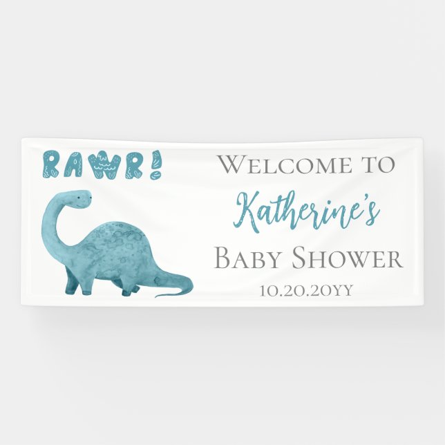 Rawr Aquamarin Blue Dinosaur Boy Baby Dusche Willk Banner (Horizontal)