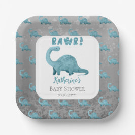 Rawr Aquamarin Blue Dinosaur Boy Baby Shower Pappteller