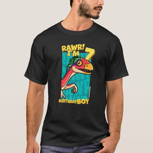 Rawr I m 7 Birthday Boys 7th Birthday Dino Deinony T-Shirt (Vorderseite)