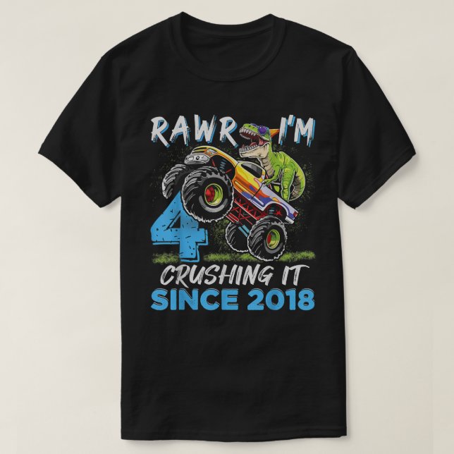 Rawr Ich bin 4 Monster Truck Dinosaurier 4. Geburt T-Shirt (Design vorne)