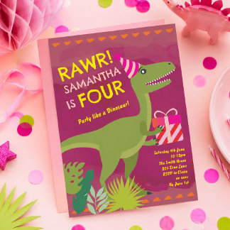 Rawr ich bin vier Dinosaurier Mädchen Geburtstagse Einladung