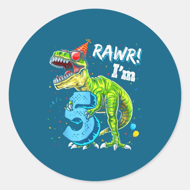 Rawr I'm 5 5th Birthday T Rex Dinosaur Funny Party Runder Aufkleber (Vorderseite)