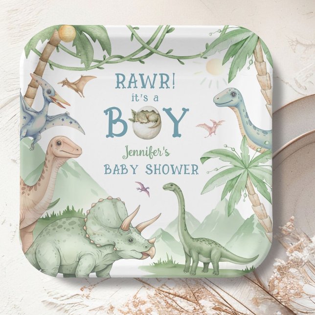 Rawr Junge Dinosaurier-Baby-Party  Pappteller (Von Creator hochgeladen)