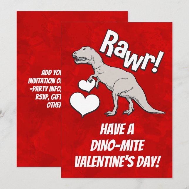 Rawr Tyrannosaurus T Rex Valentine's Day Kids Boys Einladung (Vorne/Hinten)