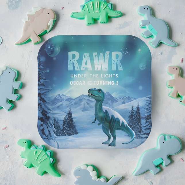 RAWR Unter den Lichtern Dinosaurier Winter Geburts Pappteller (Von Creator hochgeladen)