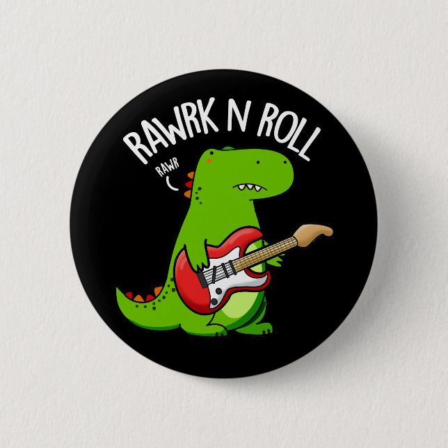 Rawrk and Roll Funny Rocker Dinosaur Pun Dark BG Button (Vorderseite)
