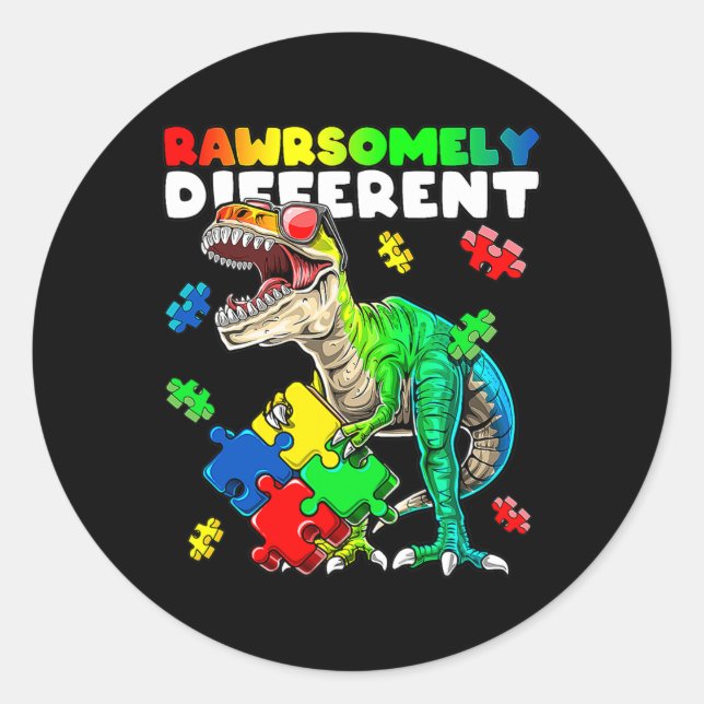 Rawrsomly Different Dinosaur Autismus Awareness Pu Runder Aufkleber (Vorderseite)