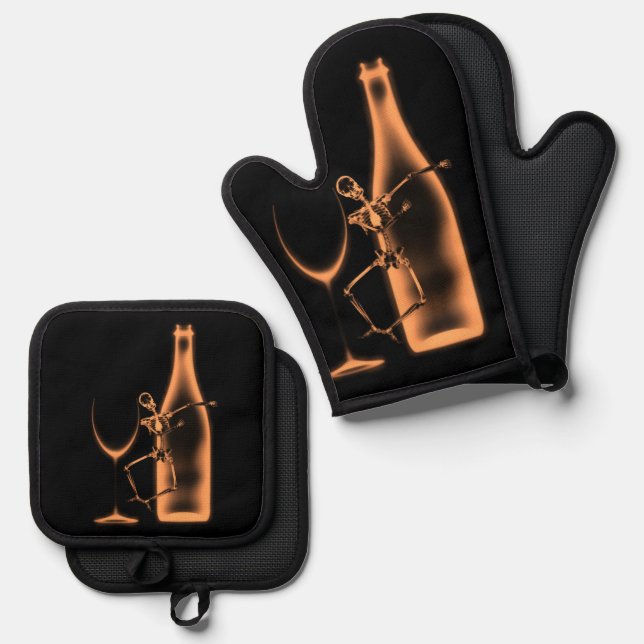 Ray Celebration Skeleton & Wine Ofenhandschuh & Topflappen-Set (Vorderseite/Rückseite)