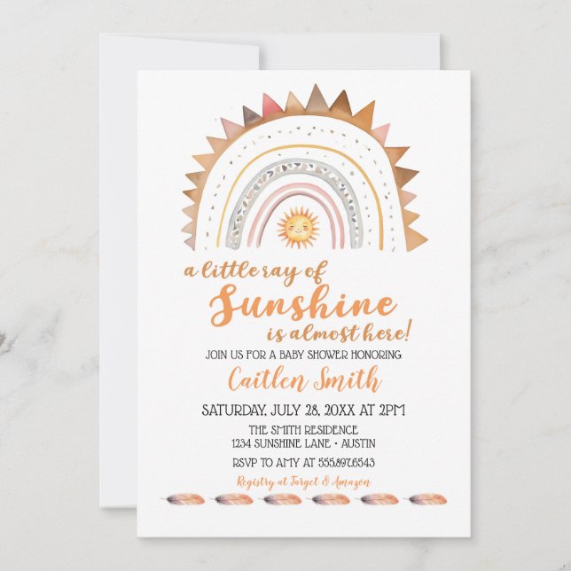 Ray of Sunshine Boho Sun Baby Shower Einladung (Vorderseite)