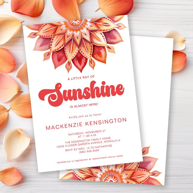 Ray of Sunshine Retro Boho Babydusche Einladung (Little Ray of Sunshine Boho Hippie Baby Shower Invitation)