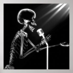 RAY VISION SKELETON SINGING ON RETRO MIC - B&W POSTER