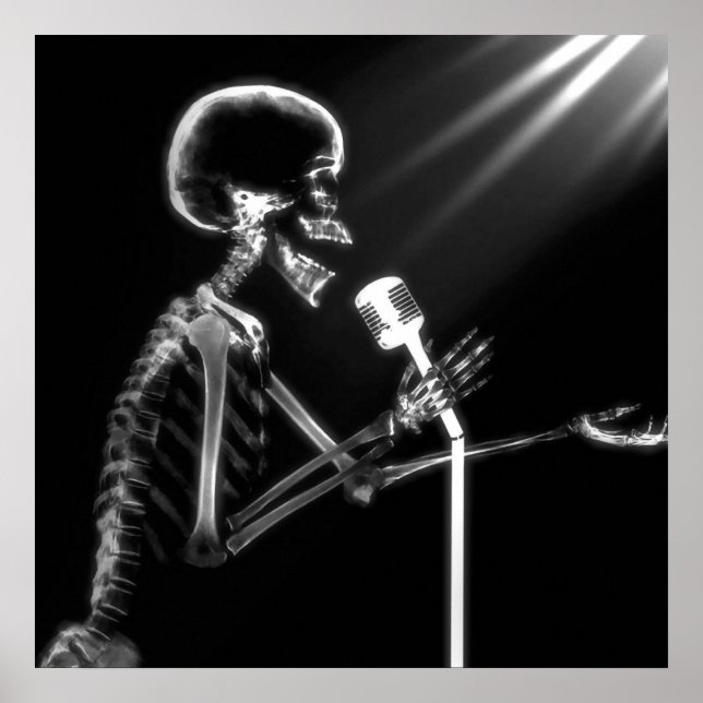 RAY VISION SKELETON SINGING ON RETRO MIC - B&W POSTER (Vorne)