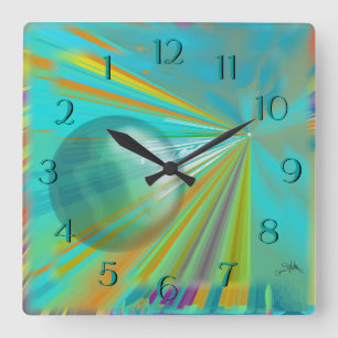Rays on Planet Abstract Design in Turquoise Quadratische Wanduhr