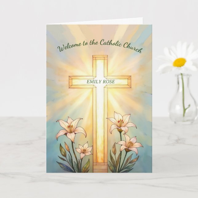 RCIA Name Welcome Catholic Church Cross Lilies Karte (Kleine Pflanze)