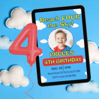 Reach FOUR the Sky, Picture Clouds 4th Birthday Einladung