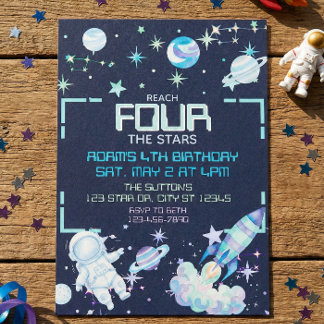 Reach Four the Stars Blue Green Space 4th Birthday Einladung
